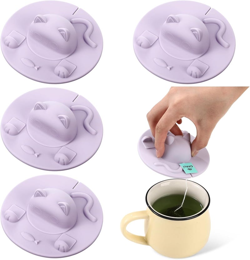Ferrochef 4 Pcs Tea Bag Squeezer 4 Inch Silicone Tea Bag Holder & Squeezer Dishwasher Safe Purple Cute Cat-shaped Cup Silicone Lids Warm Cover Supplies - Image 1